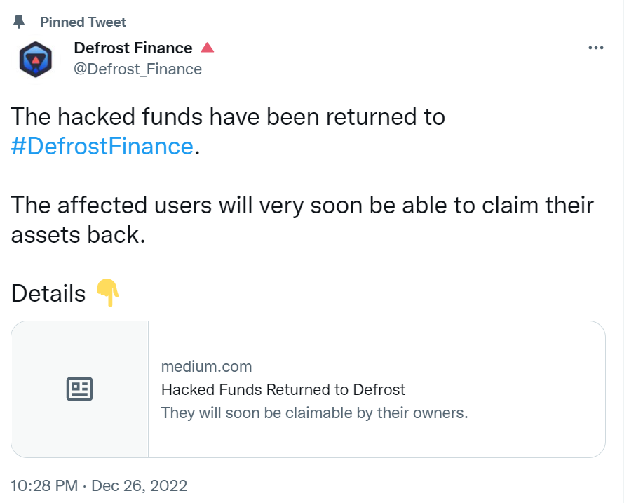 Defrost Finance：黑客已退还资金，将很快退还给用户
